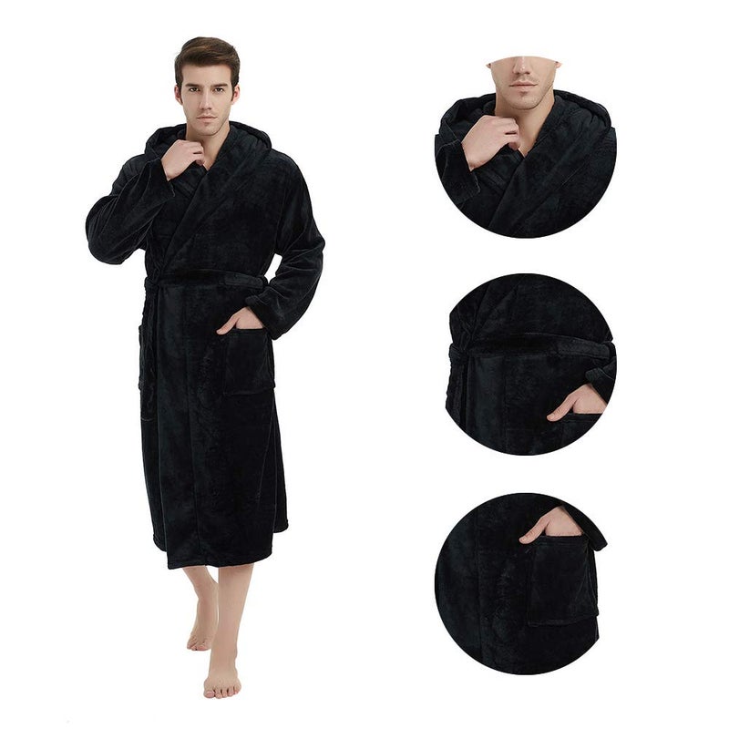U2SKIIN Mens Fleece Hooded Robe Plush Bathrobe (Black, S/M) - Image 4